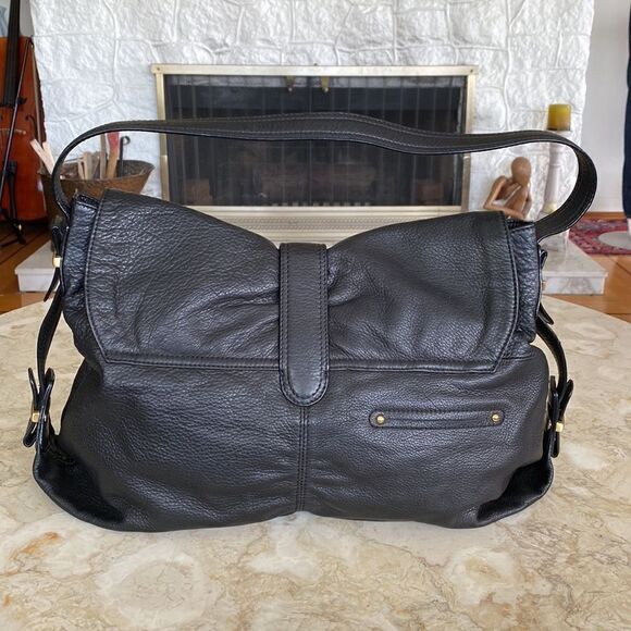 B. Makowsky Extra Large Black Leather Hobo Shoulder Bag - Picture 2 of 13